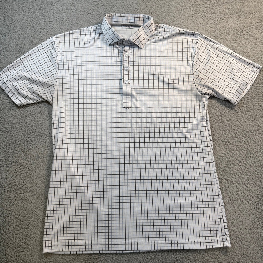 Collars & Co Men Large White Blue Grid Dress Collar Polo Short Sleeve 11096